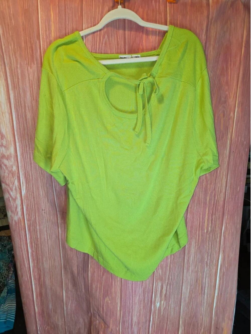 Bright Lime Green Keyhole Tie Neck Dolman Short Sleeve Top 24W Plus
